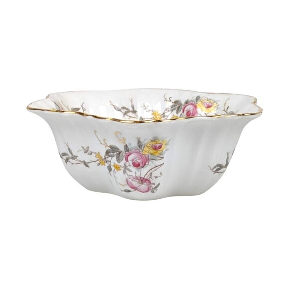 Vintage German Porcelain Serving Bowl: Floral Design, Gold Rim - Picture 4 of 8